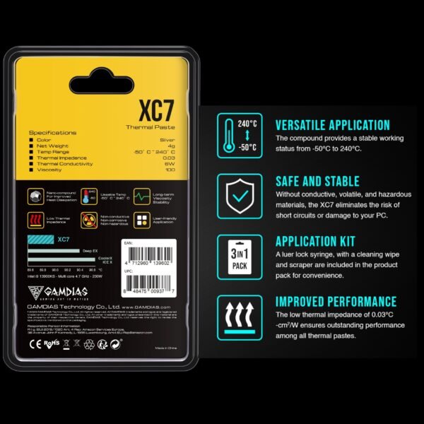 GAMDIAS XC7 EXTREME THERMAL SOLUTION 4g  – Premium Aluminum Oxide-Based Solution ; -50℃~240℃ Temp Range ; 0.03 Low Impedance ; 3-in-1 Pack Application Kit  | SILVER