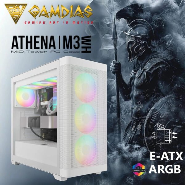 2025/12/1000374980.jpg GAMDIAS ATHENA M3 WH – High-Airflow Mid-Tower With 4 ARGB PWM Fans, Dual 360mm Radiator Support, E-ATX Compatibility, White Components, Gen 2 Type-C, And 8-Port ARGB Hub | WHITE