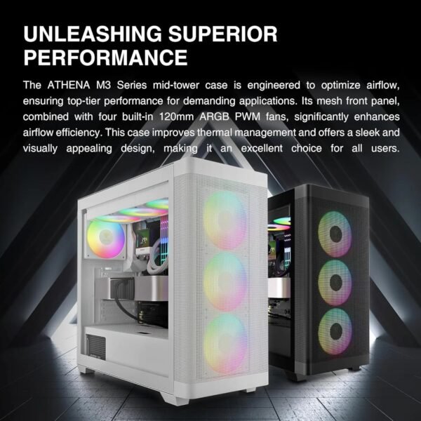 2025/12/1000374981.jpg GAMDIAS ATHENA M3 WH – High-Airflow Mid-Tower With 4 ARGB PWM Fans, Dual 360mm Radiator Support, E-ATX Compatibility, White Components, Gen 2 Type-C, And 8-Port ARGB Hub | WHITE