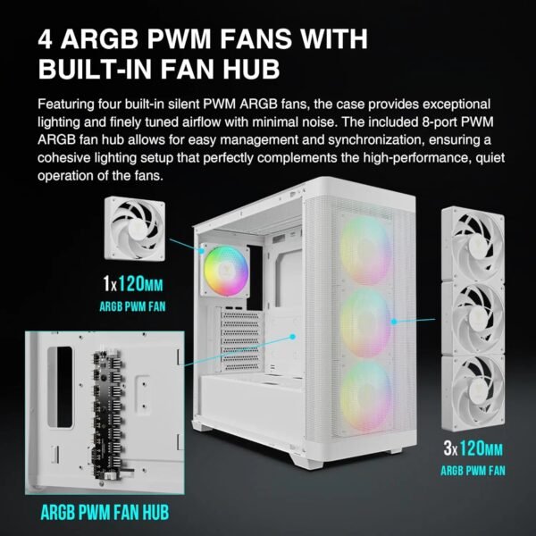 2025/12/1000374982.jpg GAMDIAS ATHENA M3 WH – High-Airflow Mid-Tower With 4 ARGB PWM Fans, Dual 360mm Radiator Support, E-ATX Compatibility, White Components, Gen 2 Type-C, And 8-Port ARGB Hub | WHITE