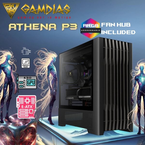 Gamdias Athena P3 Mid Tower Case With Bar-Patterned Mesh Front Panel, 4x140mm PWM Fans, Type-C Gen 2 Port, E-ATX Support, 430mm GPU Clearance, Hidden Connector Motherboard Ready , 8-port PWM ARGB Controller Included | Black