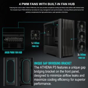 Gamdias Athena P3 Mid Tower Case With Bar-Patterned Mesh Front Panel, 4x140mm PWM Fans, Type-C Gen 2 Port, E-ATX Support, 430mm GPU Clearance, Hidden Connector Motherboard Ready , 8-port PWM ARGB Controller Included | Black