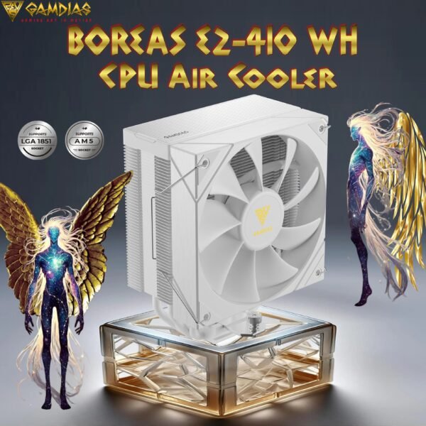 GAMDIAS BOREAS E2-410 WH CPU Air Cooler With 4 Copper Heatpipes, 120mm PWM Fan, 80.83 CFM, White Finish, DRAM Clearance, LGA 1851 & AM5 Support, 158mm Height | WHITE