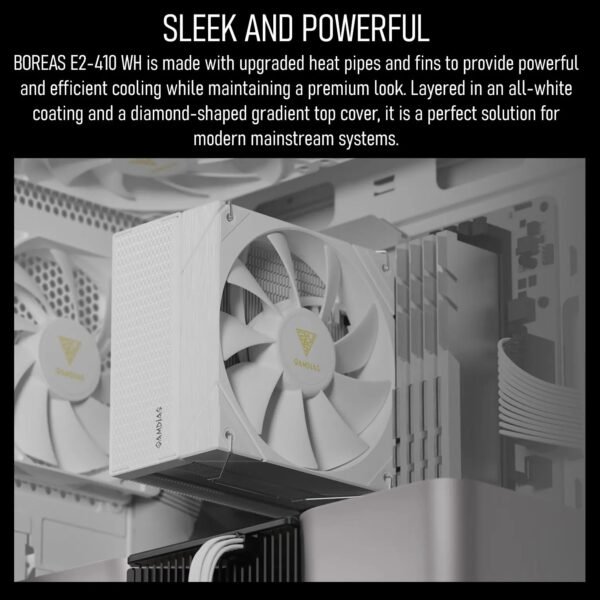 GAMDIAS BOREAS E2-410 WH CPU Air Cooler With 4 Copper Heatpipes, 120mm PWM Fan, 80.83 CFM, White Finish, DRAM Clearance, LGA 1851 & AM5 Support, 158mm Height | WHITE