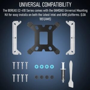 GAMDIAS BOREAS E2-410 WH CPU Air Cooler With 4 Copper Heatpipes, 120mm PWM Fan, 80.83 CFM, White Finish, DRAM Clearance, LGA 1851 & AM5 Support, 158mm Height | WHITE