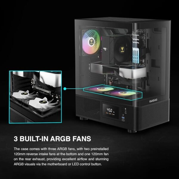 GAMDIAS Atlas E2 CG  Mid Tower PC Case With Curved Tempered Glass, Real-Time Display, 3 ARGB Fans, GPU Support Up To 340mm, And Perforated Airflow Ventilation | BLACK