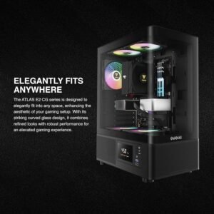 GAMDIAS Atlas E2 CG  Mid Tower PC Case With Curved Tempered Glass, Real-Time Display, 3 ARGB Fans, GPU Support Up To 340mm, And Perforated Airflow Ventilation | BLACK
