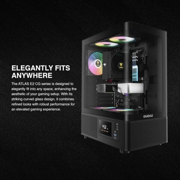 GAMDIAS Atlas E2 CG  Mid Tower PC Case With Curved Tempered Glass, Real-Time Display, 3 ARGB Fans, GPU Support Up To 340mm, And Perforated Airflow Ventilation | BLACK