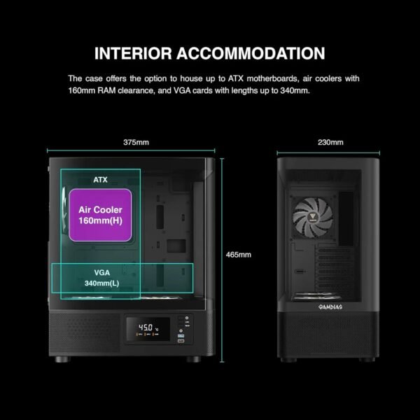 GAMDIAS Atlas E2 CG  Mid Tower PC Case With Curved Tempered Glass, Real-Time Display, 3 ARGB Fans, GPU Support Up To 340mm, And Perforated Airflow Ventilation | BLACK