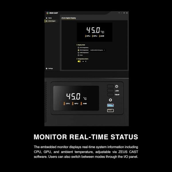 GAMDIAS Atlas E2 CG  Mid Tower PC Case With Curved Tempered Glass, Real-Time Display, 3 ARGB Fans, GPU Support Up To 340mm, And Perforated Airflow Ventilation | BLACK