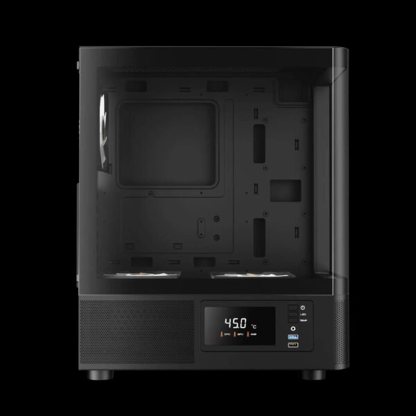 GAMDIAS Atlas E2 CG  Mid Tower PC Case With Curved Tempered Glass, Real-Time Display, 3 ARGB Fans, GPU Support Up To 340mm, And Perforated Airflow Ventilation | BLACK