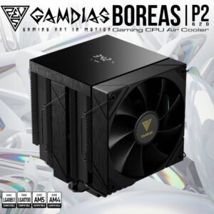 GAMDIAS Boreas P2-62D Dual Tower Air Cooler With Digital Monitor, 6 Copper Heat Pipes, Dual 120mm PWM Fans, 160mm Clearance, ZEUS CAST, LGA1851 & AM5 Support | BLACK