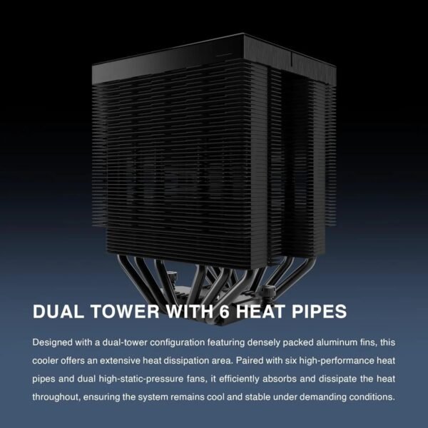 GAMDIAS Boreas P2-62D Dual Tower Air Cooler With Digital Monitor, 6 Copper Heat Pipes, Dual 120mm PWM Fans, 160mm Clearance, ZEUS CAST, LGA1851 & AM5 Support | BLACK
