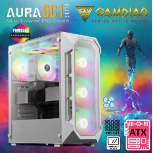 GAMDIAS AURA GC1 ELITE – Mesh ARGB Mid-Tower With 4 Fixed RGB Fans, Tempered Glass, PSU Shroud, ATX Support, 340mm GPU Clearance & 360mm Radiator Compatibility | WHITE