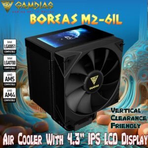 GAMDIAS BOREAS M2-61L Air Cooler With 4.3″ IPS LCD Display, 6 Heatpipes, 80.83 CFM PWM Fan, Copper Base, 160mm Height, Zeus Cast Software, LGA 1851 & AM5 Compatible | BLACK