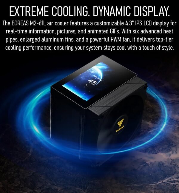 GAMDIAS BOREAS M2-61L Air Cooler With 4.3″ IPS LCD Display, 6 Heatpipes, 80.83 CFM PWM Fan, Copper Base, 160mm Height, Zeus Cast Software, LGA 1851 & AM5 Compatible | BLACK