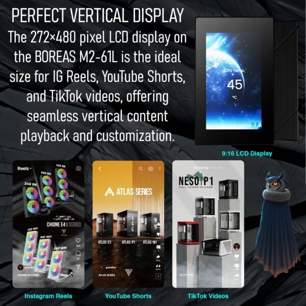 GAMDIAS BOREAS M2-61L Air Cooler With 4.3″ IPS LCD Display, 6 Heatpipes, 80.83 CFM PWM Fan, Copper Base, 160mm Height, Zeus Cast Software, LGA 1851 & AM5 Compatible | BLACK