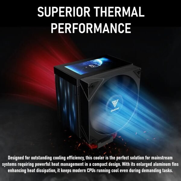GAMDIAS BOREAS M2-61L Air Cooler With 4.3″ IPS LCD Display, 6 Heatpipes, 80.83 CFM PWM Fan, Copper Base, 160mm Height, Zeus Cast Software, LGA 1851 & AM5 Compatible | BLACK