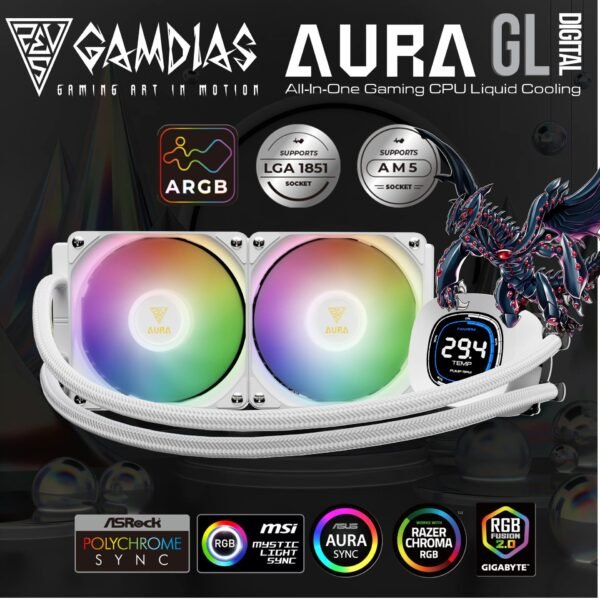 Gamdias Aura GL240 Digital WH Liquid Cooler With 2.1-Inch Real-Time Display, Dual 120mm PWM ARGB Fans, Upgraded Copper Base, 73.7 CFM Airflow, LGA 1851 And AM5 Support | WHITE