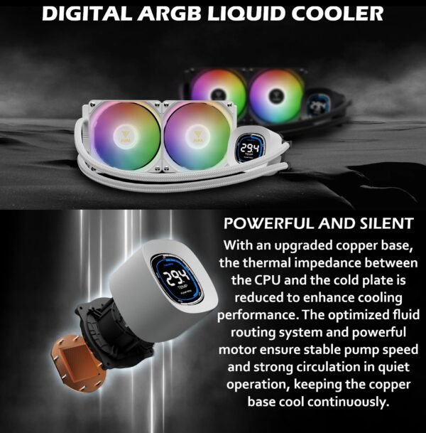 Gamdias Aura GL240 Digital WH Liquid Cooler With 2.1-Inch Real-Time Display, Dual 120mm PWM ARGB Fans, Upgraded Copper Base, 73.7 CFM Airflow, LGA 1851 And AM5 Support | WHITE