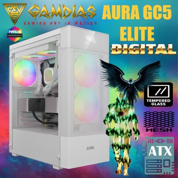2025/12/1000375841.jpg GAMDIAS AURA GC5 Elite ARGB Mid-Tower – Mesh Front, Digital Display, 3x ARGB Fans, Panoramic Glass, 360mm Radiator Support, Tool-Free Install, ATX/M-ATX/ITX Compatible | WHITE