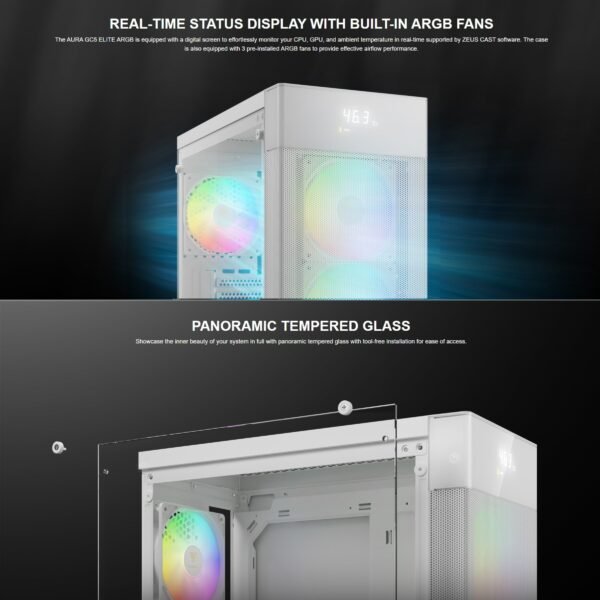 2025/12/1000375842.jpg GAMDIAS AURA GC5 Elite ARGB Mid-Tower – Mesh Front, Digital Display, 3x ARGB Fans, Panoramic Glass, 360mm Radiator Support, Tool-Free Install, ATX/M-ATX/ITX Compatible | WHITE