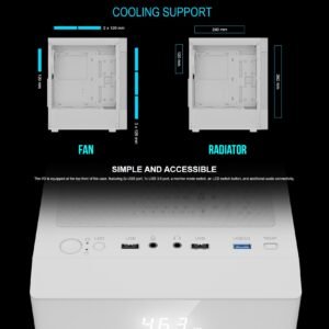 2025/12/1000375845.jpg GAMDIAS AURA GC5 Elite ARGB Mid-Tower – Mesh Front, Digital Display, 3x ARGB Fans, Panoramic Glass, 360mm Radiator Support, Tool-Free Install, ATX/M-ATX/ITX Compatible | WHITE