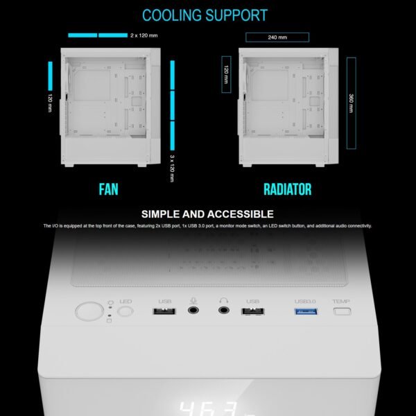 2025/12/1000375845.jpg GAMDIAS AURA GC5 Elite ARGB Mid-Tower – Mesh Front, Digital Display, 3x ARGB Fans, Panoramic Glass, 360mm Radiator Support, Tool-Free Install, ATX/M-ATX/ITX Compatible | WHITE