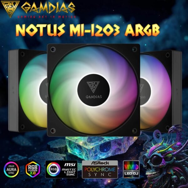 GAMDIAS NOTUS M1-1203 120mm ARGB PWM Fan 3-Pack With 57.56 CFM Airflow, Reverse Fan Blades, Closed-Loop Tech, MB Sync, Anti-Vibration Pads & Silent 25dBA Operation | 3 BLACK FANS
