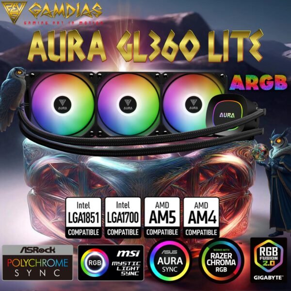 2025/12/1000375861.jpg GAMDIAS AURA GL360 LITE ARGB AIO Liquid CPU Cooler With 360mm Radiator, Copper Base, PWM Hydraulic Fans, Motherboard Sync, LGA 1851 & AM5 Support, Easy Universal Mounting | BLACK