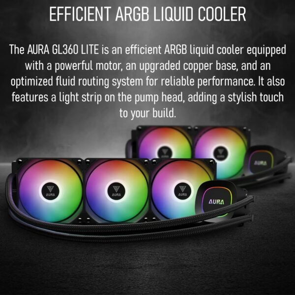2025/12/1000375862.jpg GAMDIAS AURA GL360 LITE ARGB AIO Liquid CPU Cooler With 360mm Radiator, Copper Base, PWM Hydraulic Fans, Motherboard Sync, LGA 1851 & AM5 Support, Easy Universal Mounting | BLACK