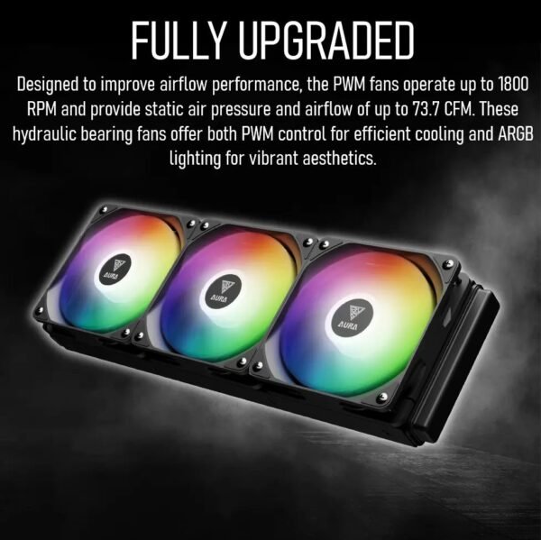 2025/12/1000375864.jpg GAMDIAS AURA GL360 LITE ARGB AIO Liquid CPU Cooler With 360mm Radiator, Copper Base, PWM Hydraulic Fans, Motherboard Sync, LGA 1851 & AM5 Support, Easy Universal Mounting | BLACK