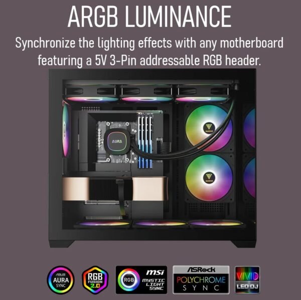 2025/12/1000375865.jpg GAMDIAS AURA GL360 LITE ARGB AIO Liquid CPU Cooler With 360mm Radiator, Copper Base, PWM Hydraulic Fans, Motherboard Sync, LGA 1851 & AM5 Support, Easy Universal Mounting | BLACK