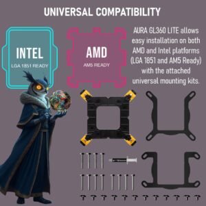 2025/12/1000375866.jpg GAMDIAS AURA GL360 LITE ARGB AIO Liquid CPU Cooler With 360mm Radiator, Copper Base, PWM Hydraulic Fans, Motherboard Sync, LGA 1851 & AM5 Support, Easy Universal Mounting | BLACK