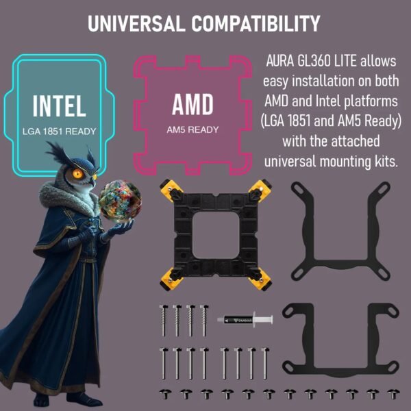 2025/12/1000375866.jpg GAMDIAS AURA GL360 LITE ARGB AIO Liquid CPU Cooler With 360mm Radiator, Copper Base, PWM Hydraulic Fans, Motherboard Sync, LGA 1851 & AM5 Support, Easy Universal Mounting | BLACK