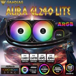 GAMDIAS AURA GL240 LITE ARGB AIO Liquid CPU Cooler With 240mm Radiator, Copper Base, PWM Hydraulic Fans, Motherboard Sync, LGA 1851 & AM5 Support, Easy Universal Mounting | BLACK