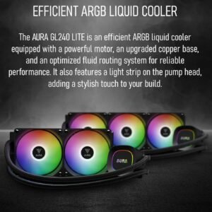 GAMDIAS AURA GL240 LITE ARGB AIO Liquid CPU Cooler With 240mm Radiator, Copper Base, PWM Hydraulic Fans, Motherboard Sync, LGA 1851 & AM5 Support, Easy Universal Mounting | BLACK