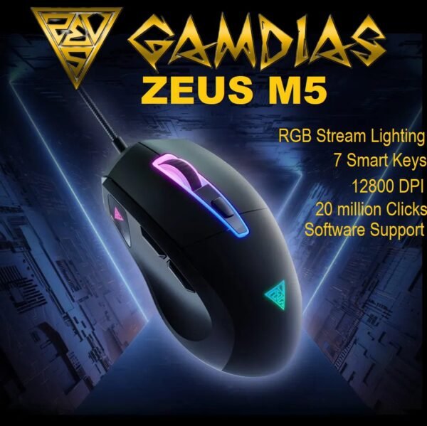 2025/12/1000375893.jpg GAMDIAS ZEUS M5 RGB Wired Gaming Mouse ; Adjustable up to 12800 DPI Advanced Gaming Optical Sensor ; Lightweight 99 gram ; 7 Smart Keys ; 10 million Clicks ; Software Support | BLACK