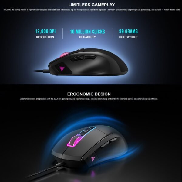 2025/12/1000375896.jpg GAMDIAS ZEUS M5 RGB Wired Gaming Mouse ; Adjustable up to 12800 DPI Advanced Gaming Optical Sensor ; Lightweight 99 gram ; 7 Smart Keys ; 10 million Clicks ; Software Support | BLACK
