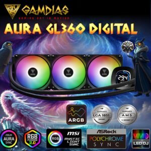 GAMDIAS AURA GL360 Digital Liquid Cooler With 2.1” Real-Time Display, ARGB PWM Fans, Copper Base, 73.7 CFM Airflow, 396mm Radiator, AM5 & LGA 1851 Support, Zeus Cast Software | BLACK
