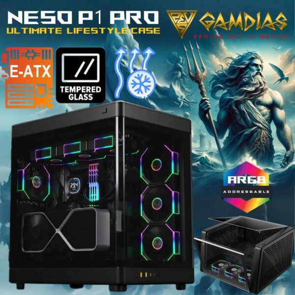 GAMDIAS NESO P1 PRO – Trapezoid Full-Tower Case With Dual Orientation, Panoramic Glass, 3 AEOLUS P2 Fans, 8 PCIe Slots, 10-Fan Capacity, 420mm Radiator Support & USB-C Front Panel | BLACK