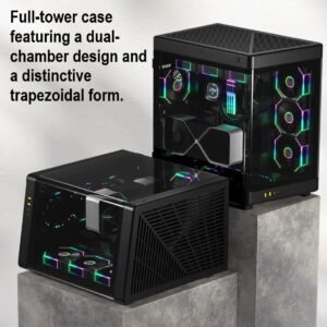 GAMDIAS NESO P1 PRO – Trapezoid Full-Tower Case With Dual Orientation, Panoramic Glass, 3 AEOLUS P2 Fans, 8 PCIe Slots, 10-Fan Capacity, 420mm Radiator Support & USB-C Front Panel | BLACK
