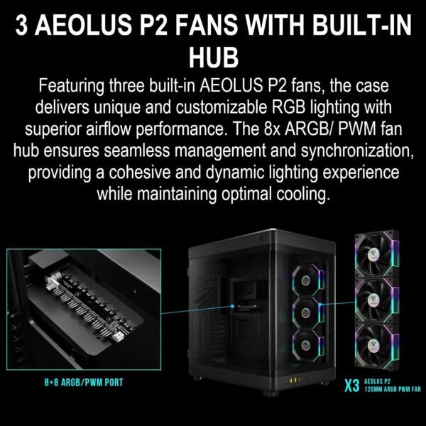 GAMDIAS NESO P1 PRO – Trapezoid Full-Tower Case With Dual Orientation, Panoramic Glass, 3 AEOLUS P2 Fans, 8 PCIe Slots, 10-Fan Capacity, 420mm Radiator Support & USB-C Front Panel | BLACK