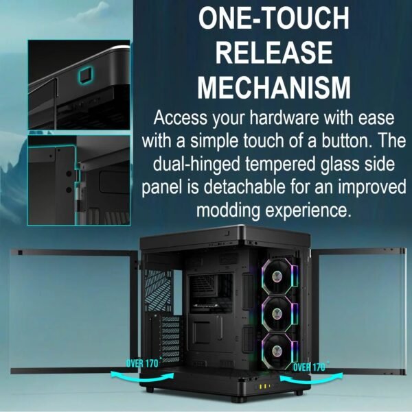 GAMDIAS NESO P1 PRO – Trapezoid Full-Tower Case With Dual Orientation, Panoramic Glass, 3 AEOLUS P2 Fans, 8 PCIe Slots, 10-Fan Capacity, 420mm Radiator Support & USB-C Front Panel | BLACK