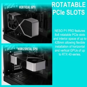 GAMDIAS NESO P1 PRO – Trapezoid Full-Tower Case With Dual Orientation, Panoramic Glass, 3 AEOLUS P2 Fans, 8 PCIe Slots, 10-Fan Capacity, 420mm Radiator Support & USB-C Front Panel | BLACK