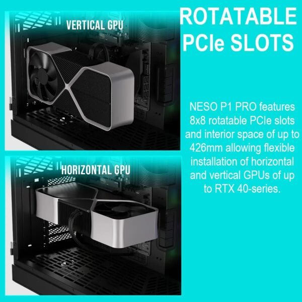 GAMDIAS NESO P1 PRO – Trapezoid Full-Tower Case With Dual Orientation, Panoramic Glass, 3 AEOLUS P2 Fans, 8 PCIe Slots, 10-Fan Capacity, 420mm Radiator Support & USB-C Front Panel | BLACK