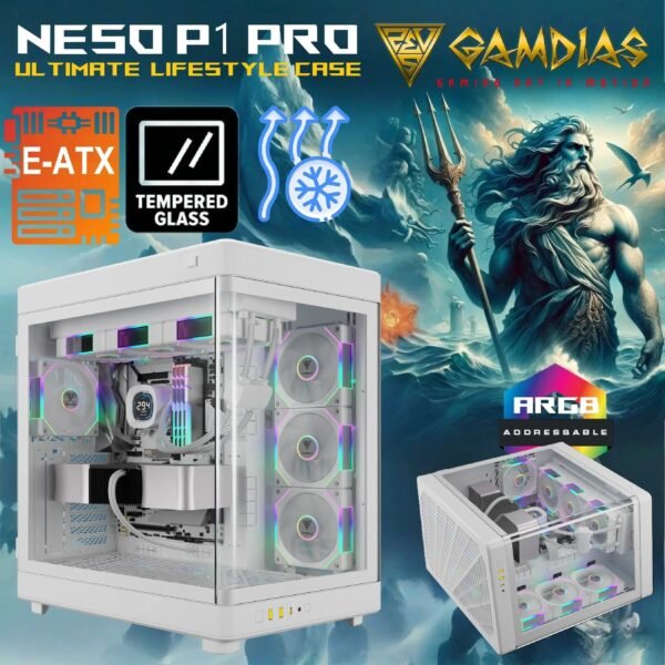 2025/12/1000375924-scaled.jpg GAMDIAS NESO P1 PRO – Trapezoid Full-Tower Case With Dual Orientation, Panoramic Glass, 3 AEOLUS P2 Fans, 8 PCIe Slots, 10-Fan Capacity, 420mm Radiator Support & USB-C Front Panel | WHITE