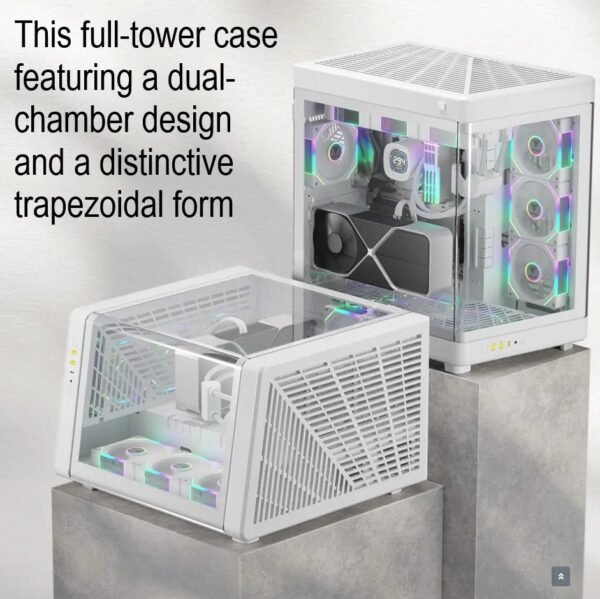 2025/12/1000375925.jpg GAMDIAS NESO P1 PRO – Trapezoid Full-Tower Case With Dual Orientation, Panoramic Glass, 3 AEOLUS P2 Fans, 8 PCIe Slots, 10-Fan Capacity, 420mm Radiator Support & USB-C Front Panel | WHITE