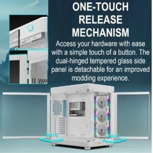 2025/12/1000375930.jpg GAMDIAS NESO P1 PRO – Trapezoid Full-Tower Case With Dual Orientation, Panoramic Glass, 3 AEOLUS P2 Fans, 8 PCIe Slots, 10-Fan Capacity, 420mm Radiator Support & USB-C Front Panel | WHITE