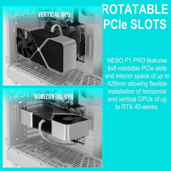 2025/12/1000375931.jpg GAMDIAS NESO P1 PRO – Trapezoid Full-Tower Case With Dual Orientation, Panoramic Glass, 3 AEOLUS P2 Fans, 8 PCIe Slots, 10-Fan Capacity, 420mm Radiator Support & USB-C Front Panel | WHITE